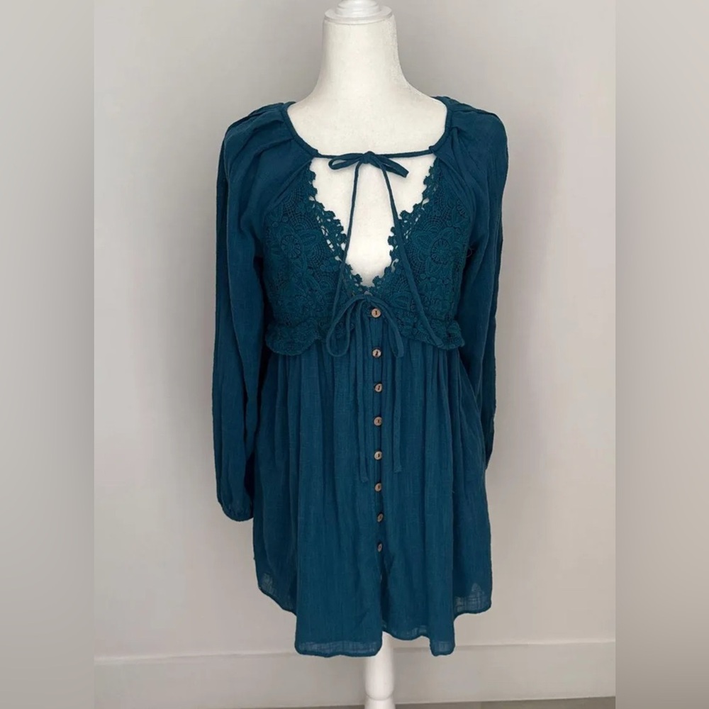 Free People Summer Struttin Puff Long Sleeve Mini Dress Dark Teal - Picture 3 of 9